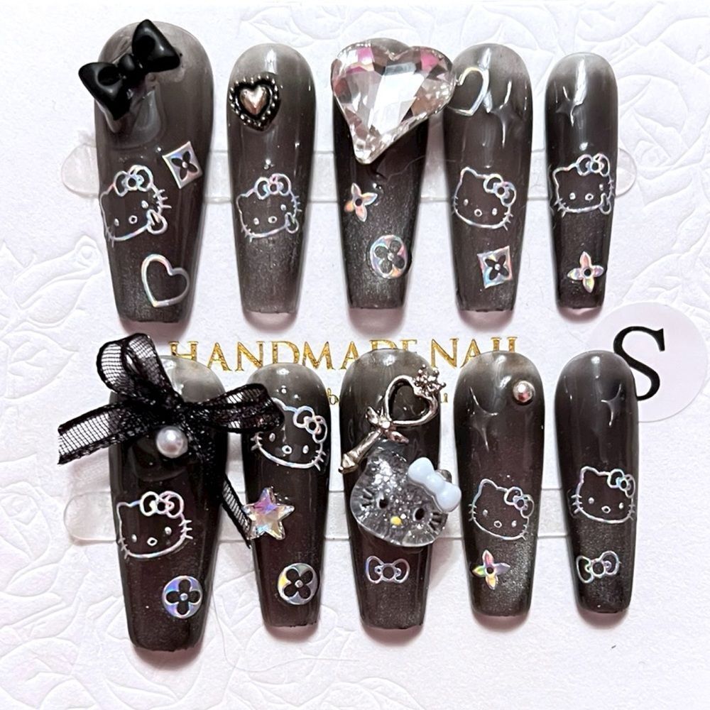 Cute Handmade Long Gray Hello Kitty Press On Nails With Gemstones Size S